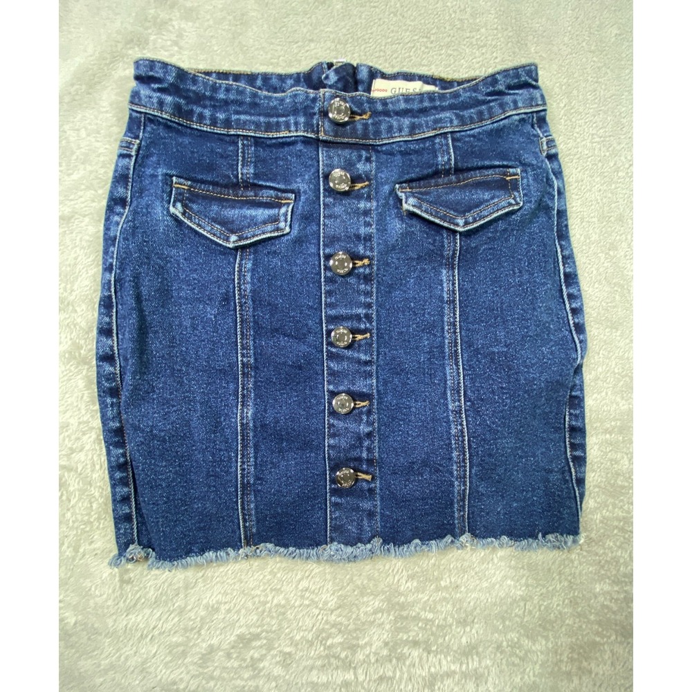 Vintage Guess Mini Skirt Womens XS Blue Denim Cotton Stretch Frayed Hem Back Zip
